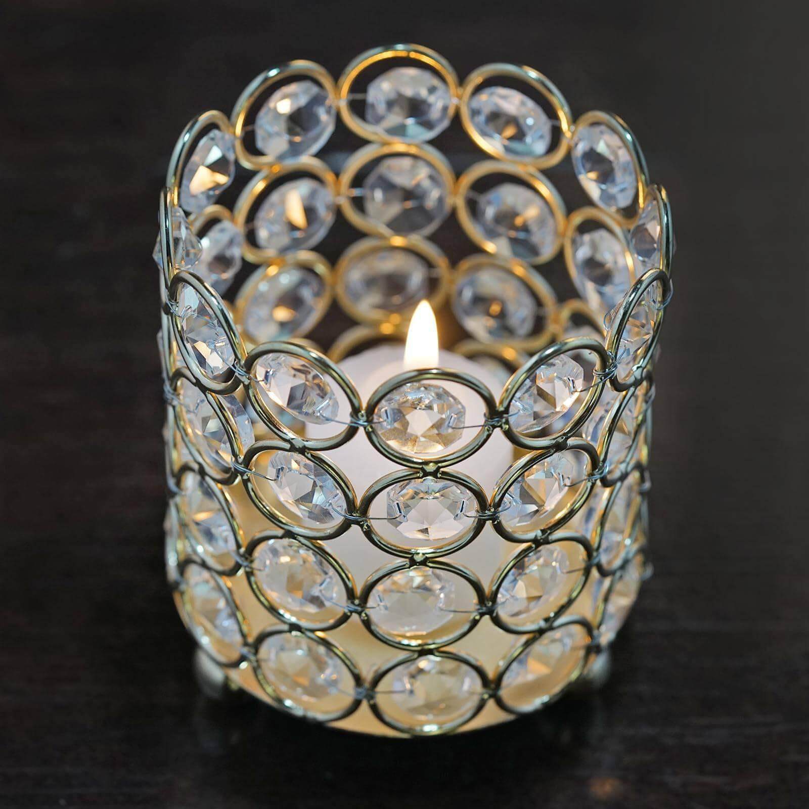 Crystal Beaded Metal Votive Tealight Holder Gold - Stylish Multipurpose Table Vase for Decor 4"