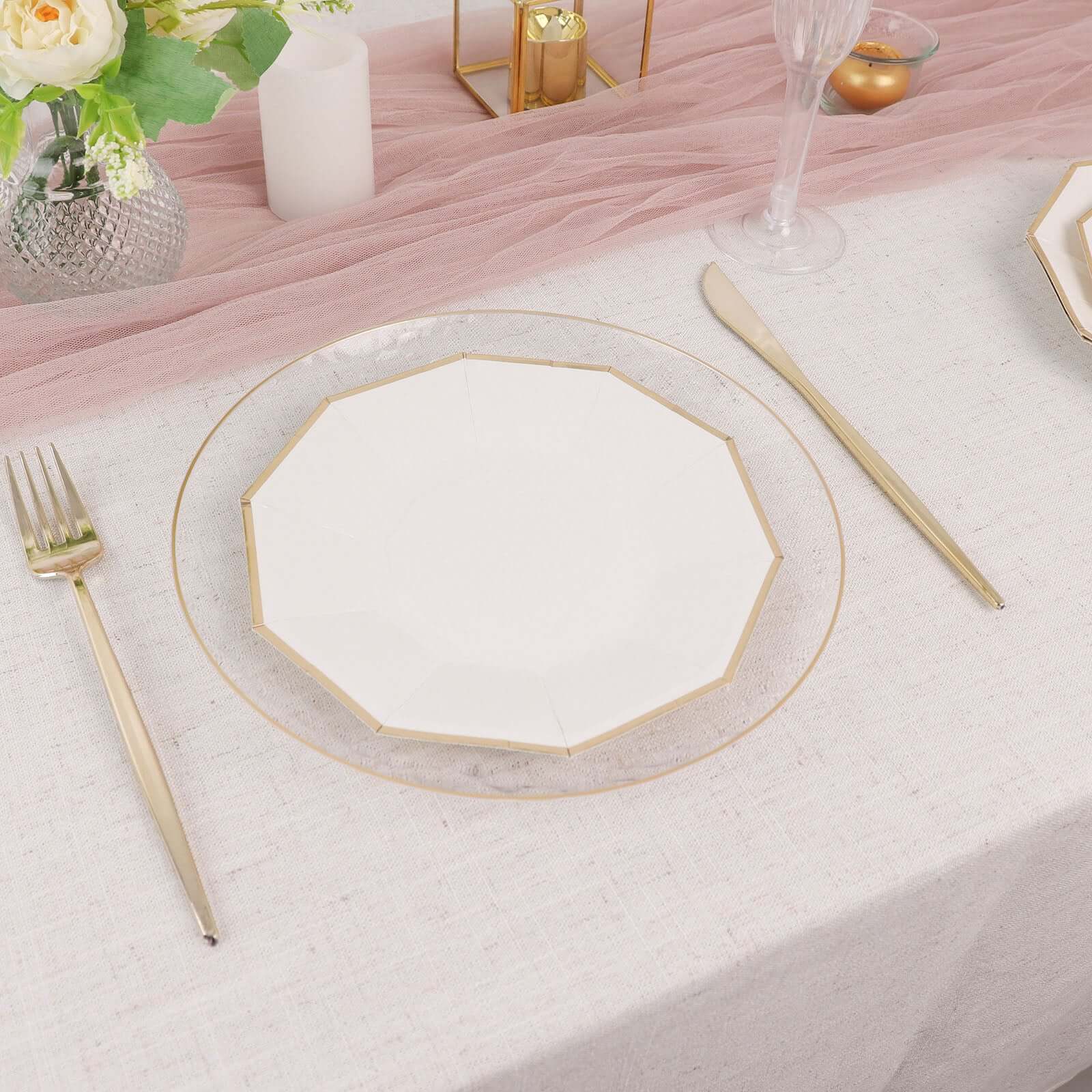 25-Pack Paper 7" Decagon Appetizer Plates in White with Gold Foil Rim - Stylish Geometric Dessert/Salad Plates for Cocktail Parties & Receptions