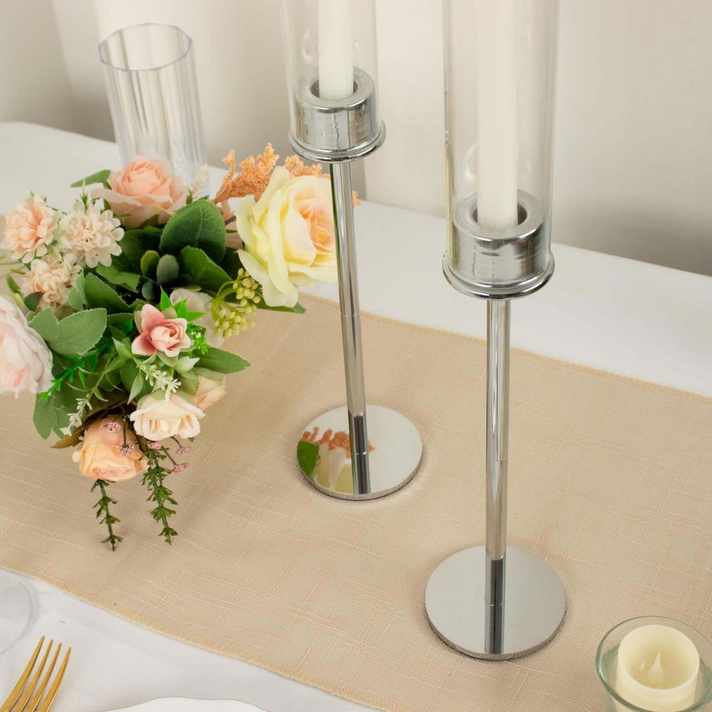 2-Pack Silver Metal Taper Candlestick Holders, Clear Glass Hurricane Candle Stands With Chimney Candle Shades 20"