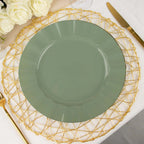 10-Pack Plastic 9" Round Dinner Plates in Dusty Sage Green Ruffled Rim with Gold Edging - Sturdy Disposable Dinnerware