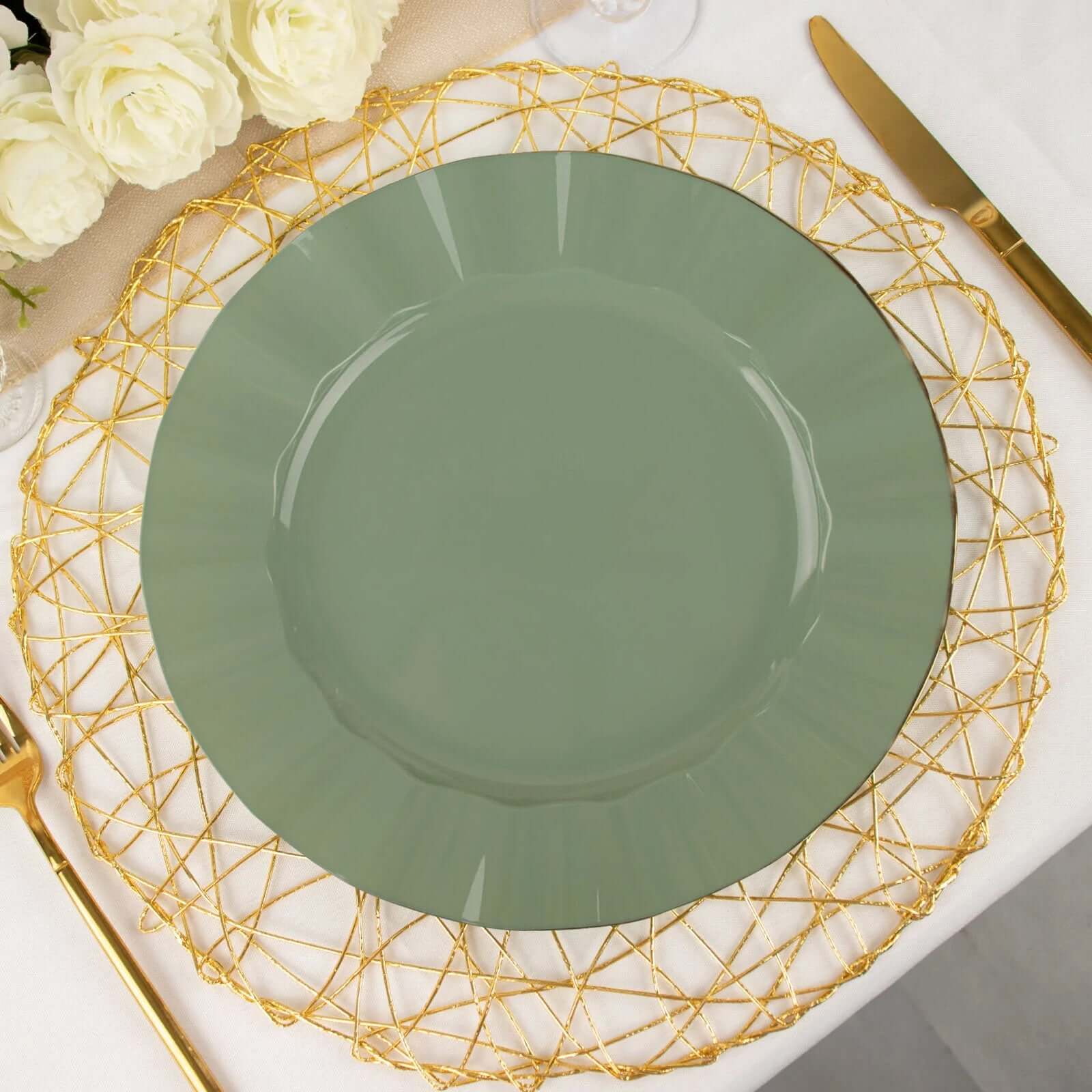10-Pack Plastic 9" Round Dinner Plates in Dusty Sage Green Ruffled Rim with Gold Edging - Sturdy Disposable Dinnerware