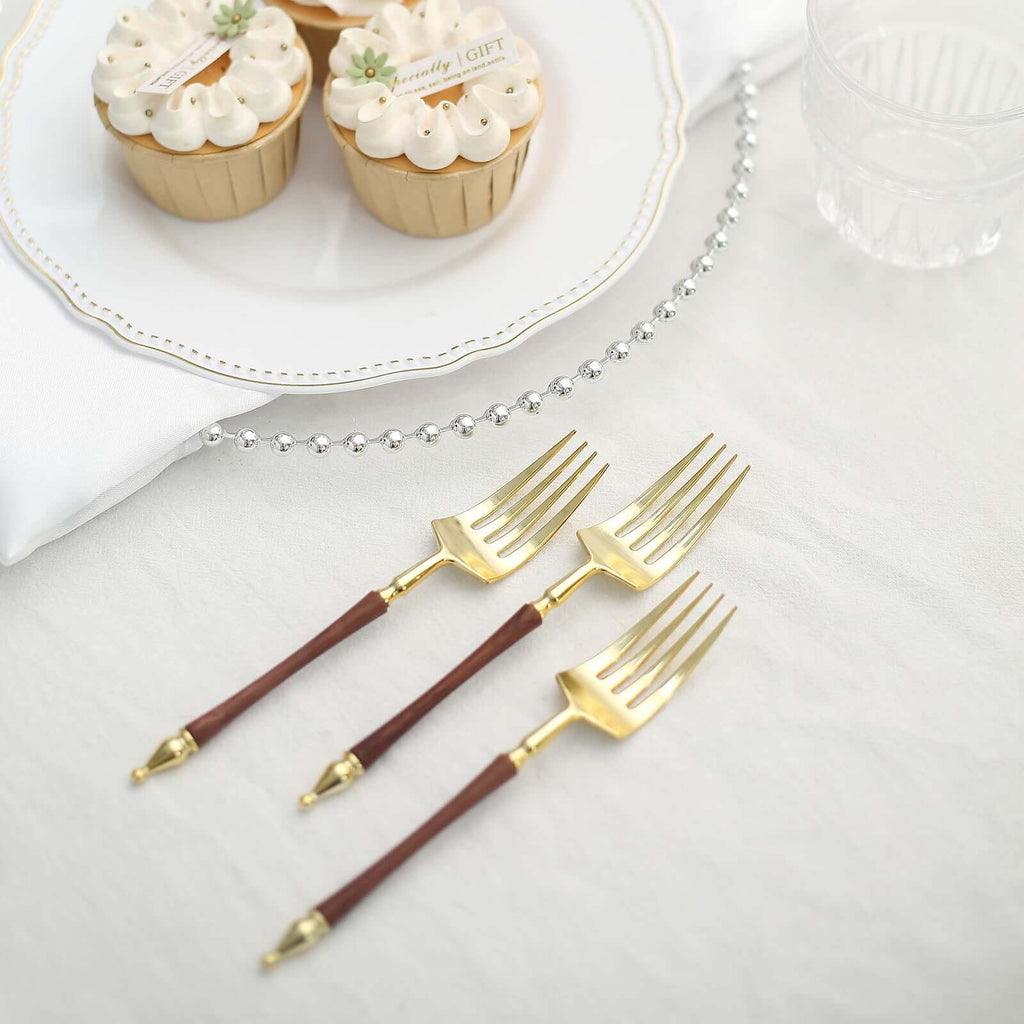 24-Pack Plastic Dessert Forks with Roman Column Handle Gold/Brown - European Style Disposable Utensils 6"