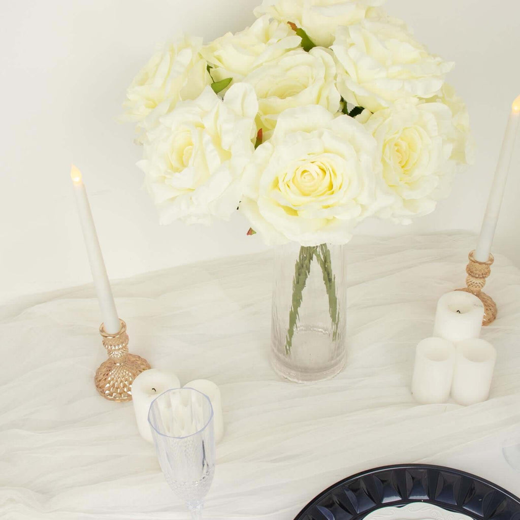 2 Bushes 17" Ivory Premium Silk Jumbo Rose Flower Bouquet, High Quality Artificial Wedding Floral Arrangements