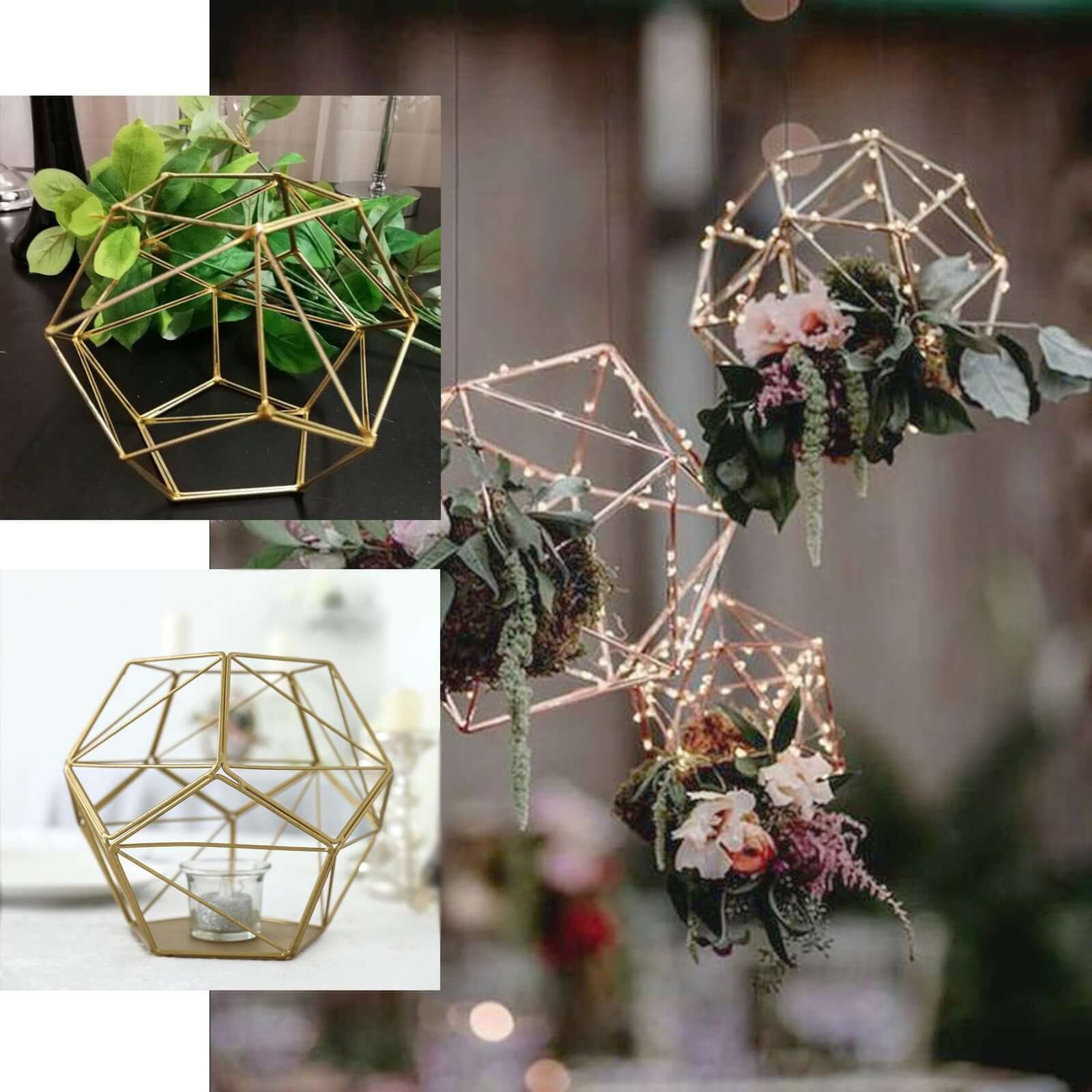 Tealight Candle Holder Gold Metal Pentagon Prism Geometric Open Frame - Flower Stand 7"