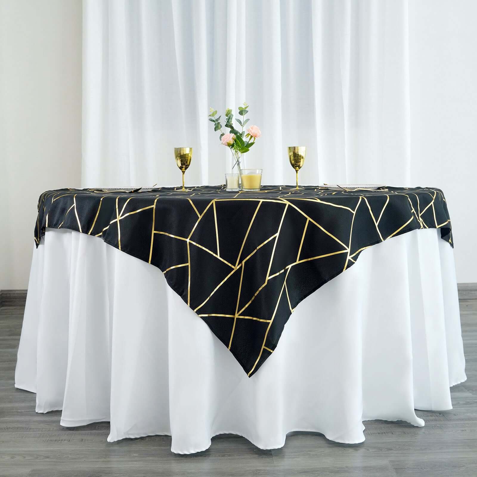 Polyester 54"x54" Square Tablecloth Black with Gold Foil Geometric Pattern - Wrinkle-Resistant & Durable Table Cover