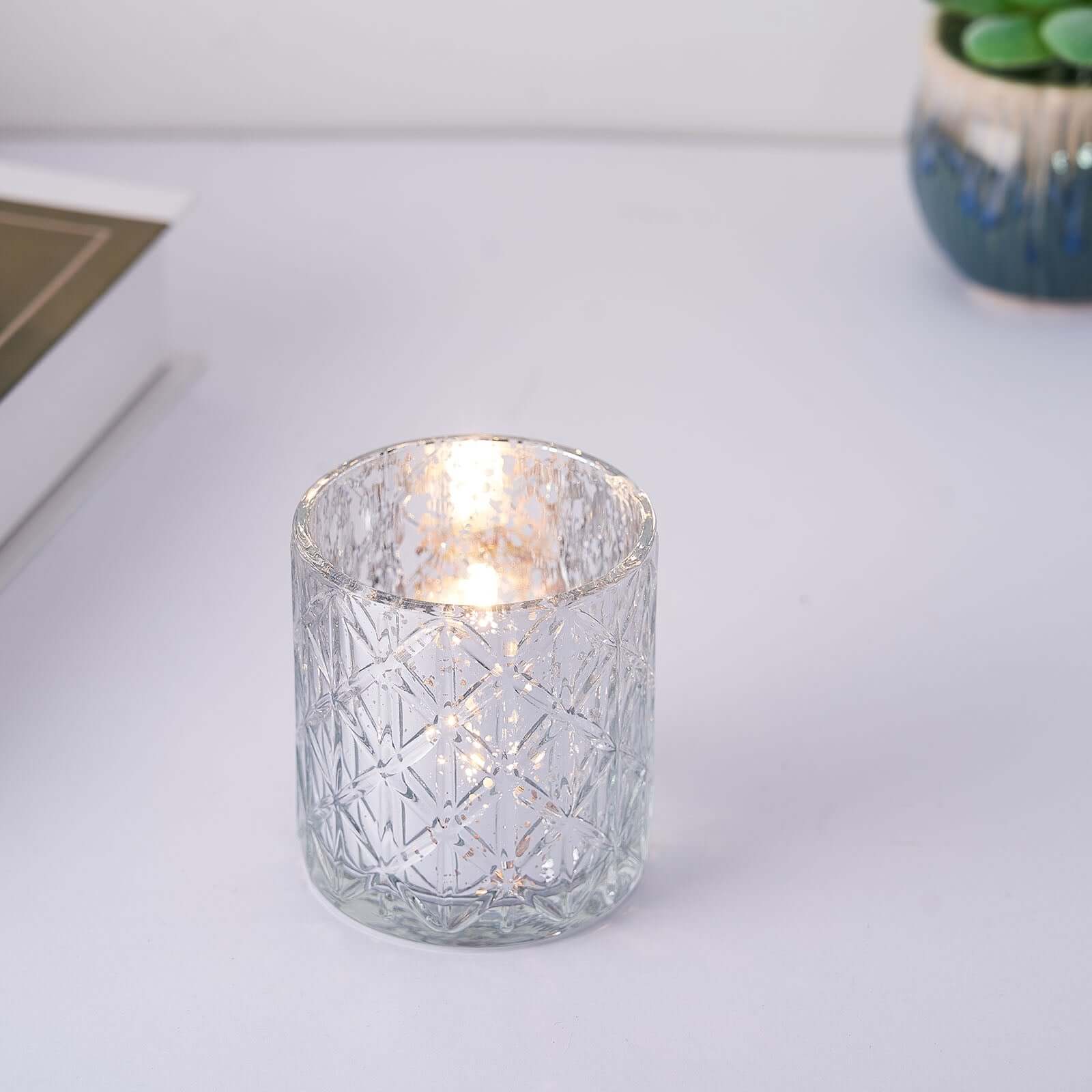 6-Pack Mercury Glass Candle Holders Shiny Silver with Geometric Design - Votive Tealight Holders 3"