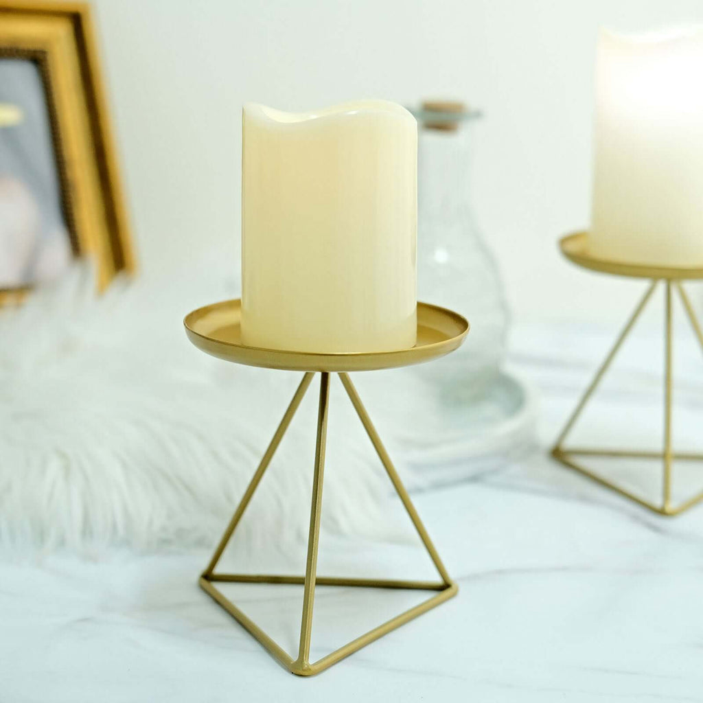 2-Pack Pillar Candle Holders Gold Metal Geometric Triangle Base Design - Decorative Centerpiece 5"