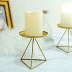 2-Pack Pillar Candle Holders Gold Metal Geometric Triangle Base Design - Decorative Centerpiece 5"