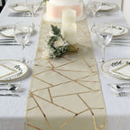 Polyester 9ft Table Runner Beige with Gold Foil Modern Geometric Accent