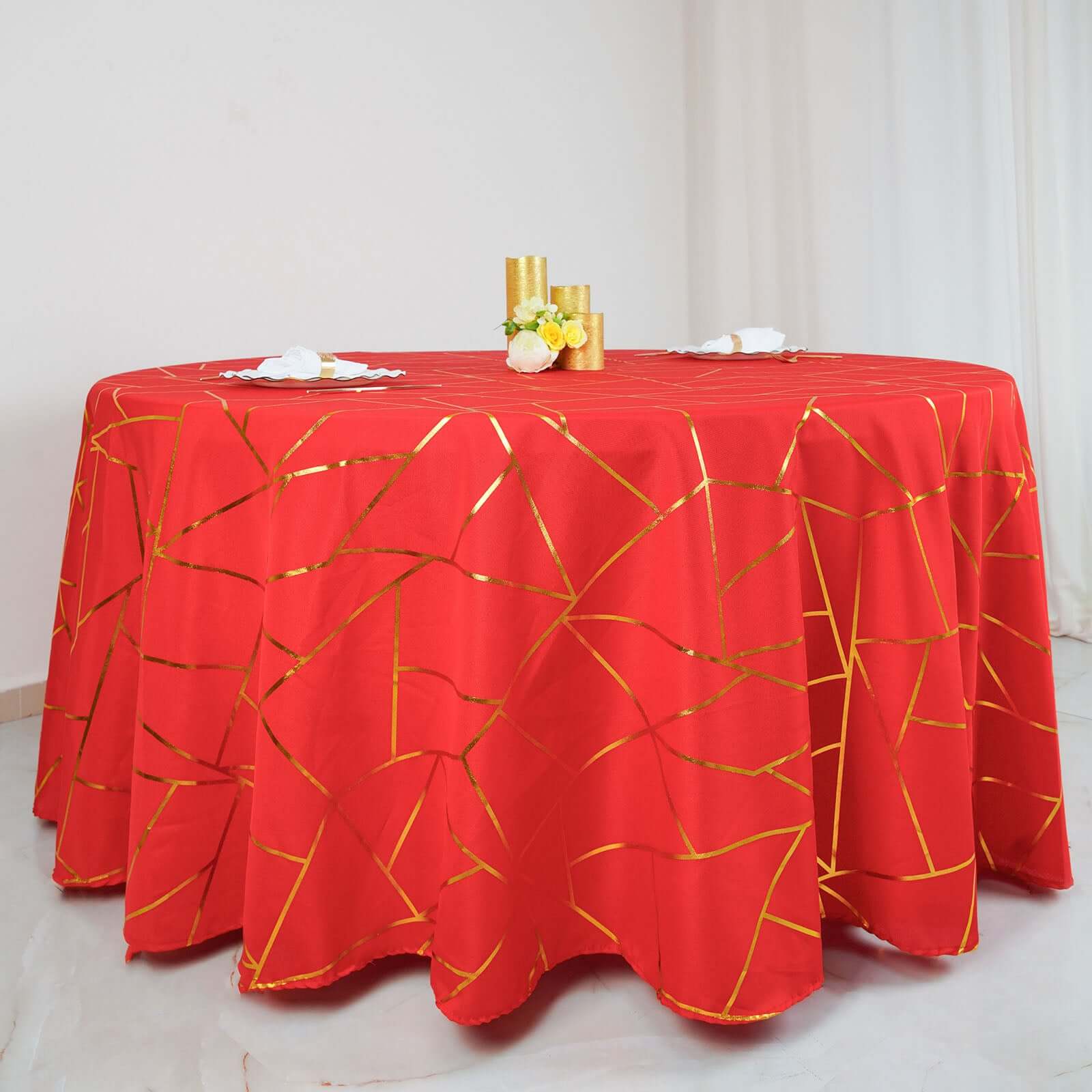 Polyester 120" Round Tablecloth Red with Gold Foil Geometric Pattern Wrinkle-Resistant Seamless Table Cover