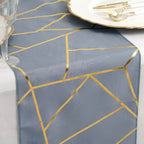 Polyester 9ft Table Runner Dusty Blue with Gold Foil Modern Geometric Accent