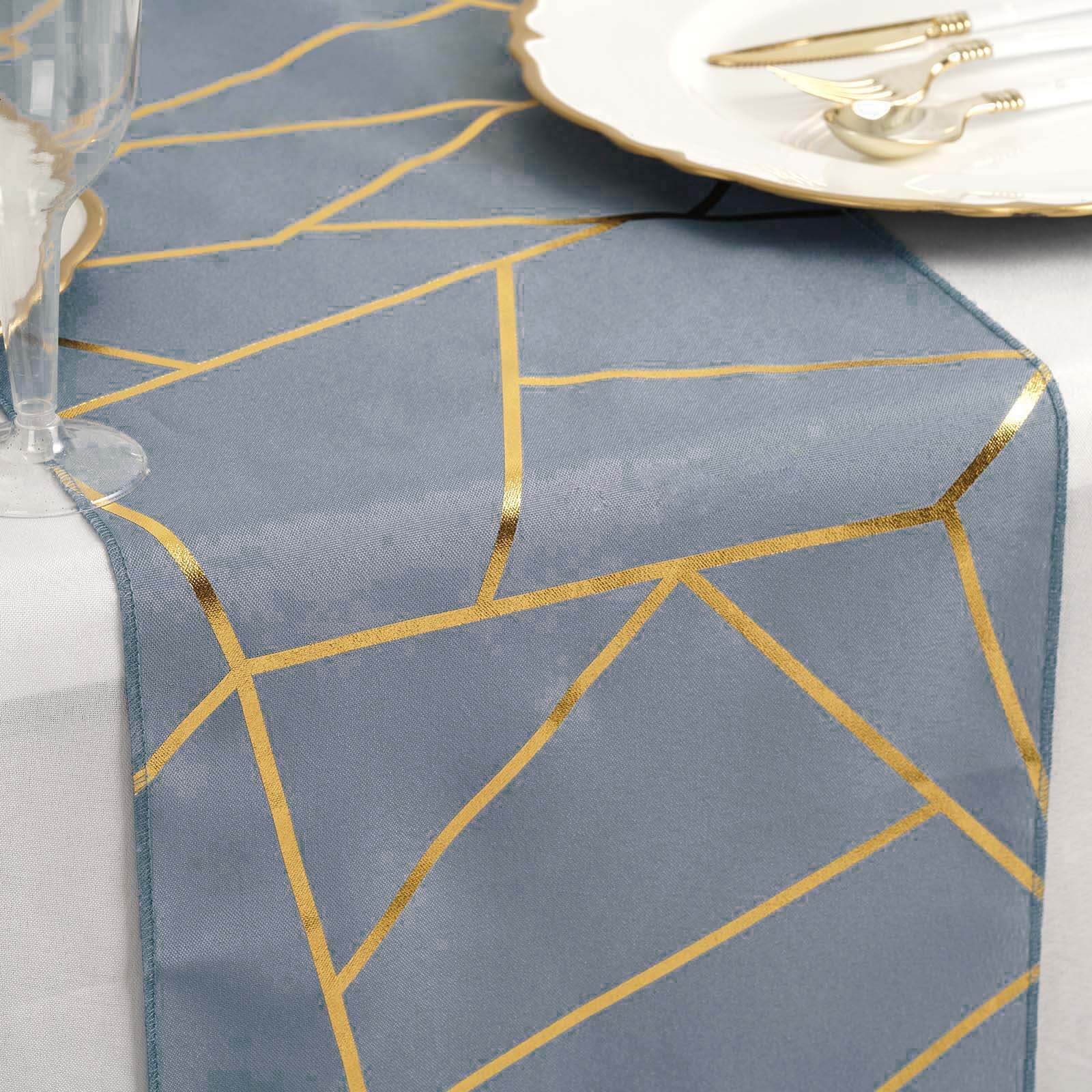 Polyester 9ft Table Runner Dusty Blue with Gold Foil Modern Geometric Accent