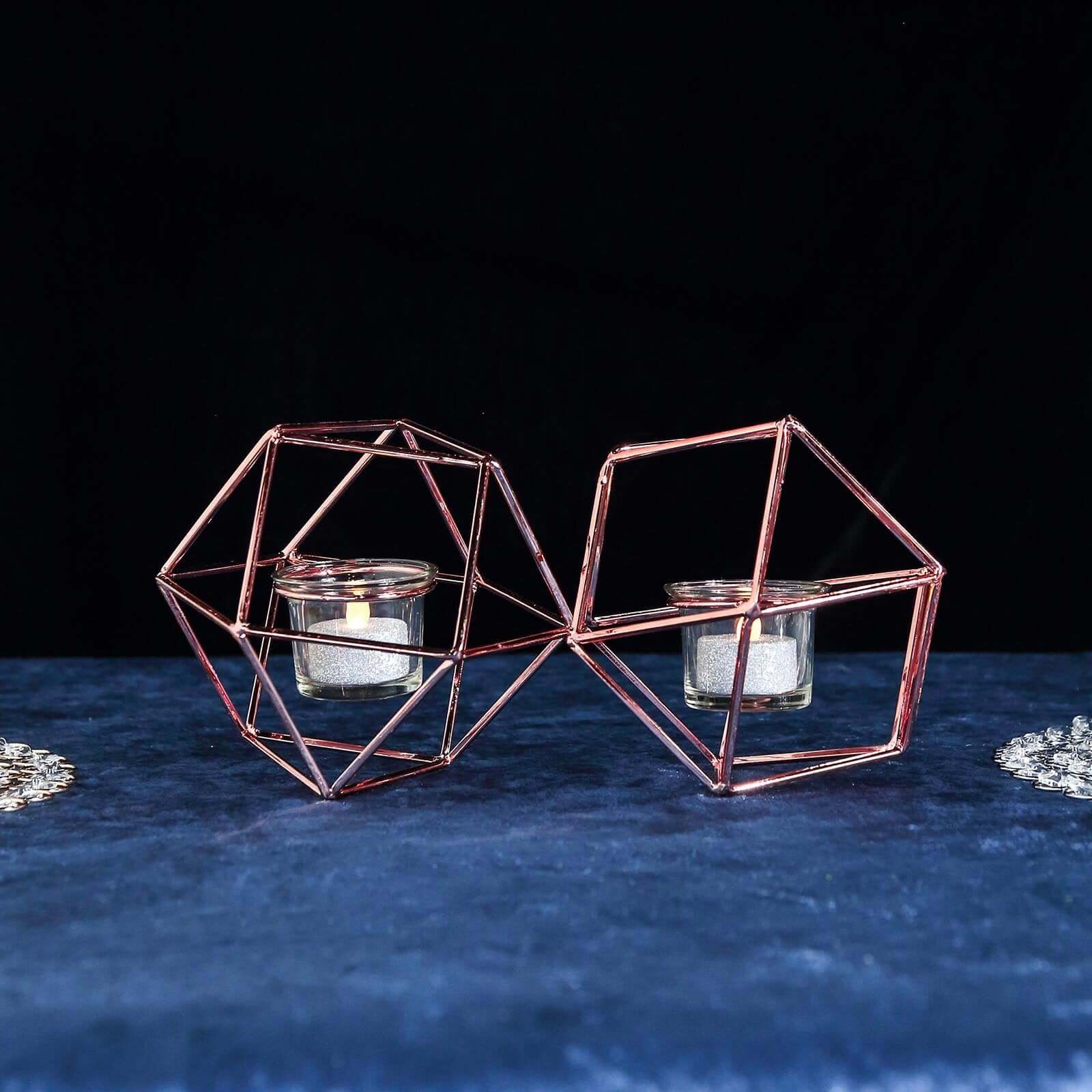 Set of Metal Candle Holders Linked Geometric Design Rose Gold - Modern Table Decor with Votive Glass for Gatherings 11"