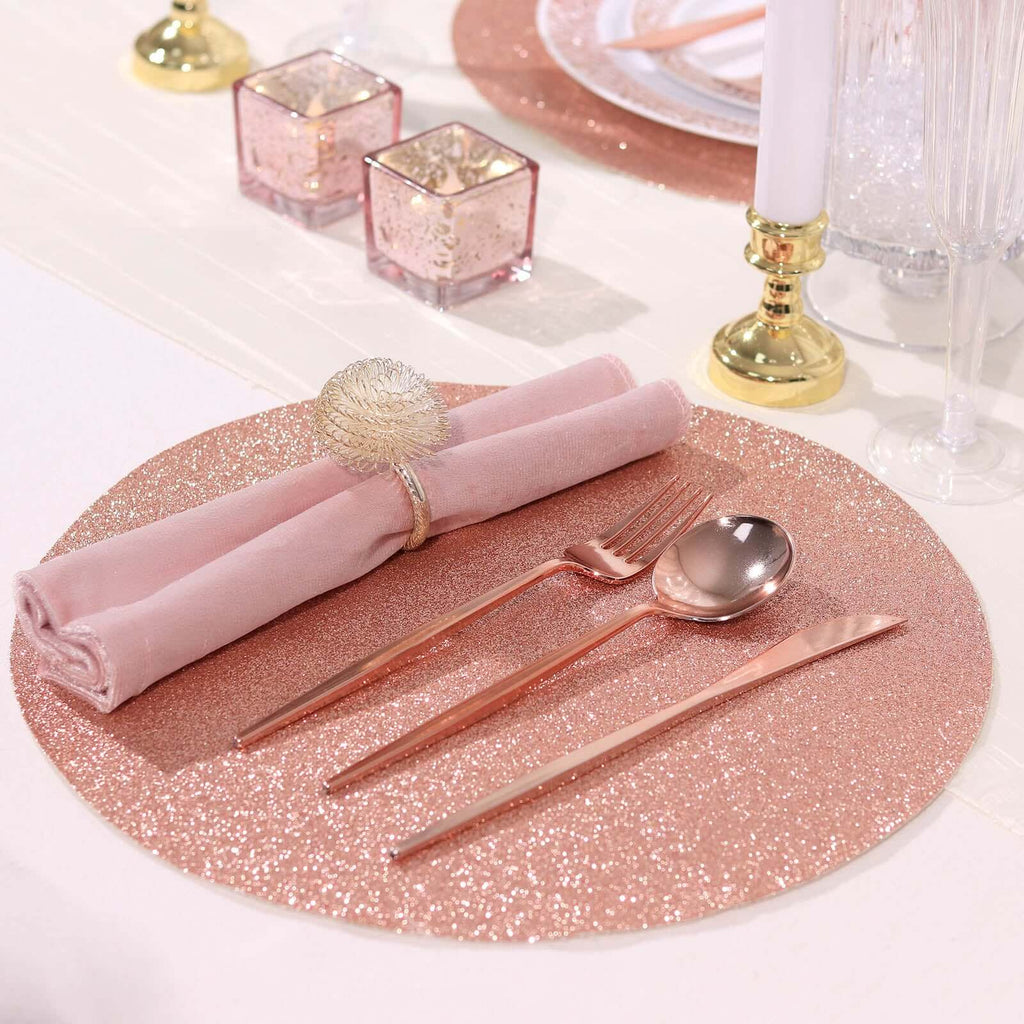 6-Pack Placemats Glitter Design Rose Gold Sparkle Round - Non-Slip Decorative Dining Table Mats 13"