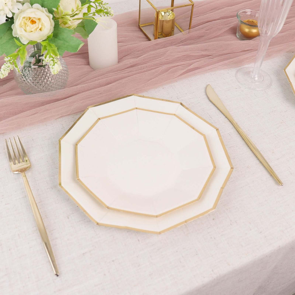 25-Pack Paper 9" Decagon Dinner Plates in White with Gold Foil Rim - Disposable Geometric Party Plates for Modern Weddings & Events