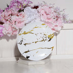 10-Pack Plastic 8" Round Dessert Plates in White with Gold Marble Print - Disposable Appetizer/Salad Plates for Chic Banquets & Special Occasions