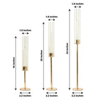 Set of 3 Tall Gold Metal Taper Candlestick Holders, Clear Glass Hurricane Candle Stands With Chimney Candle Shades 16", 20", 24"