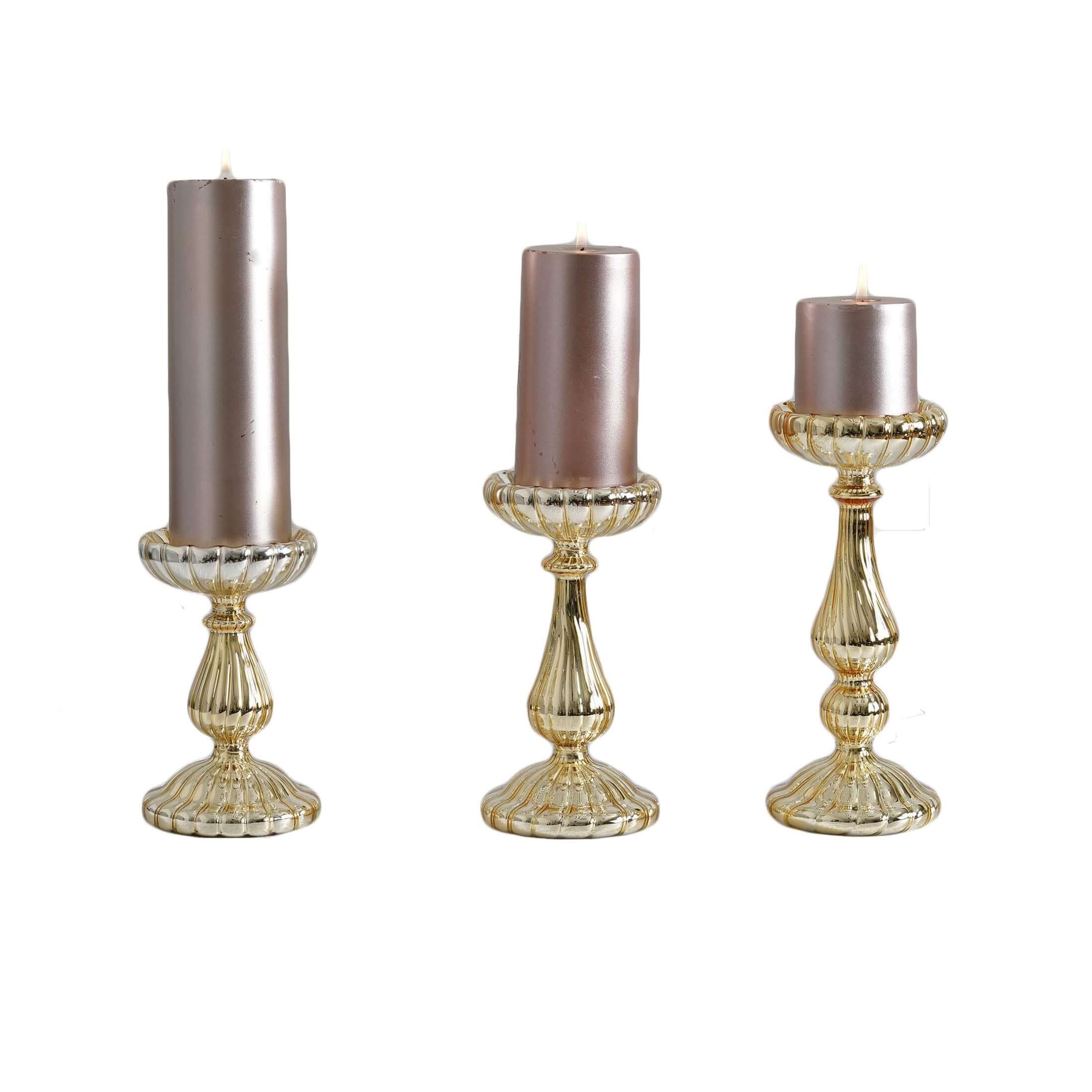 Set of 3 Candle Holder Stands Gold Mercury Glass Pillar Design - Stylish Votive Centerpieces for Tables & Decor 7", 8", 10"