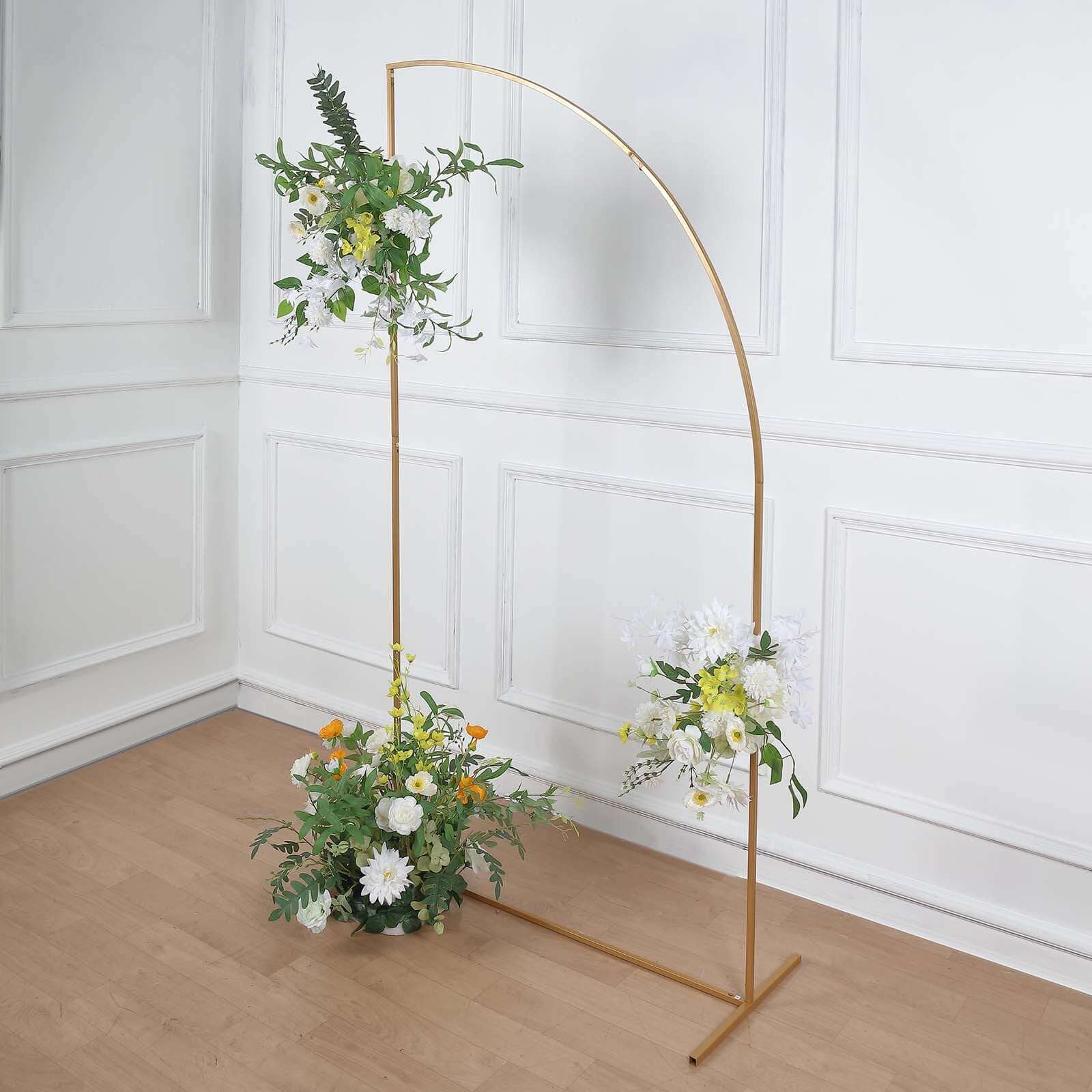7ft Gold Metal Half Moon Floral Frame Wedding Arbor Stand, Chiara Backdrop Display Arch