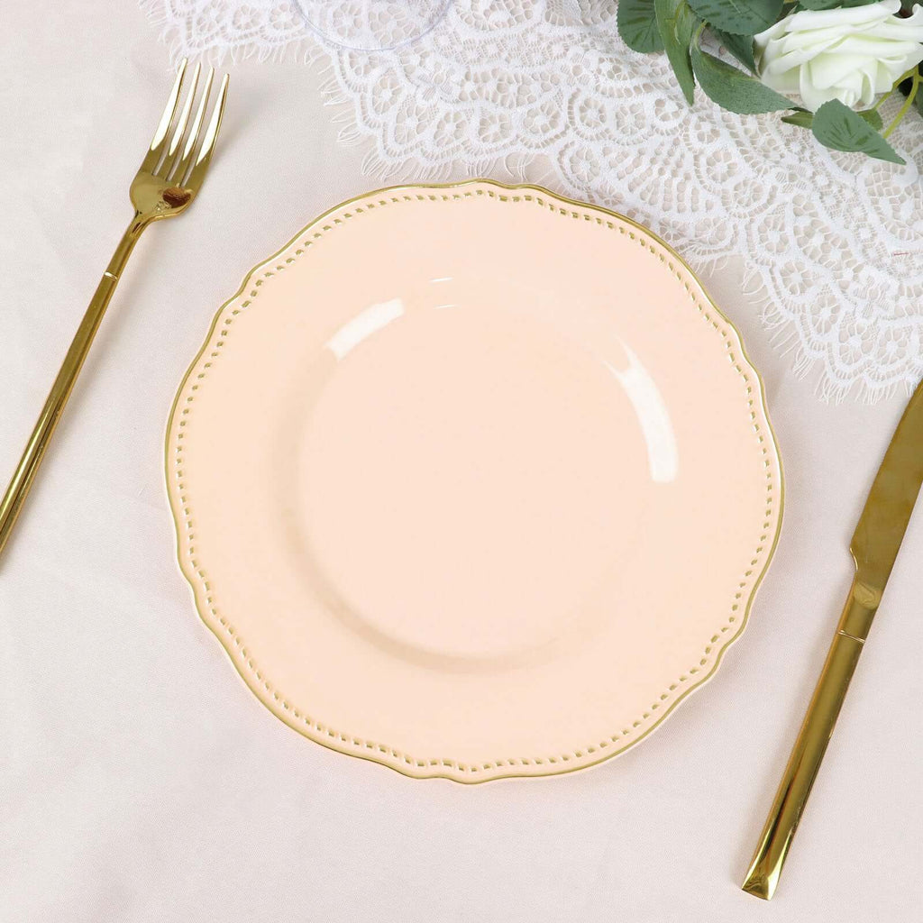 10-Pack Plastic Dinner Plates in Nude with Gold Scalloped Rim - Disposable Party Plates 9"
