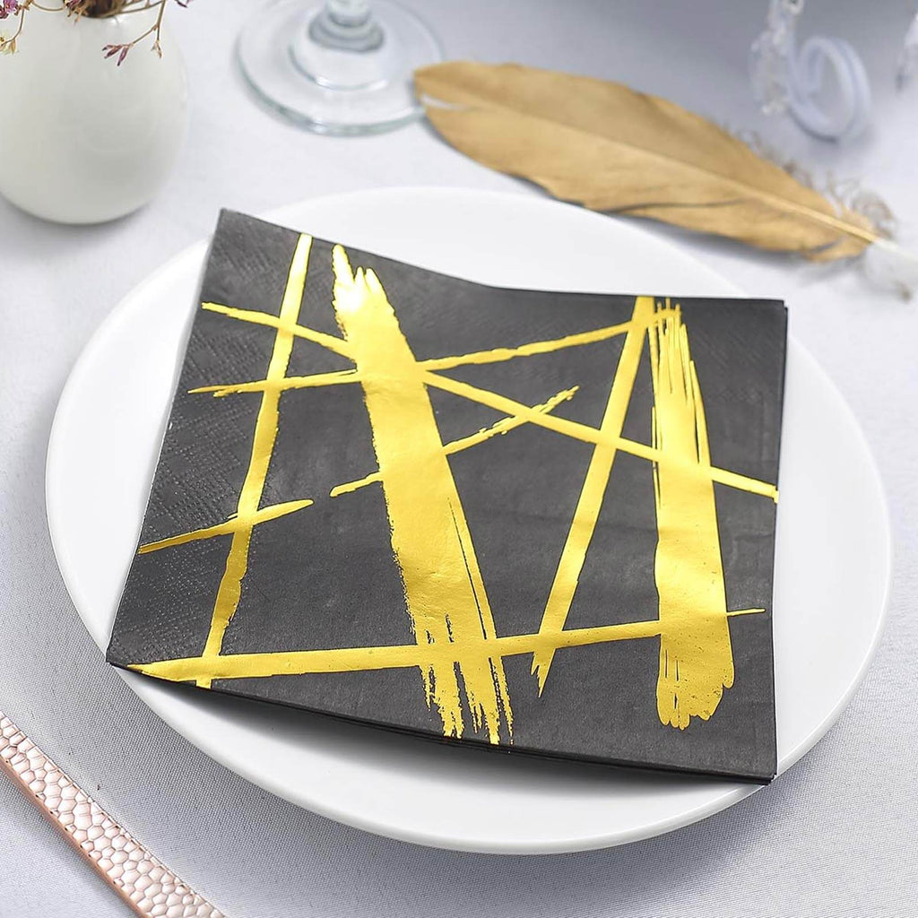 20-Pack Paper Dinner Napkins Black with Metallic Gold Streak Design - Stylish 3 Ply Disposable Cocktail Napkins for Weddings
