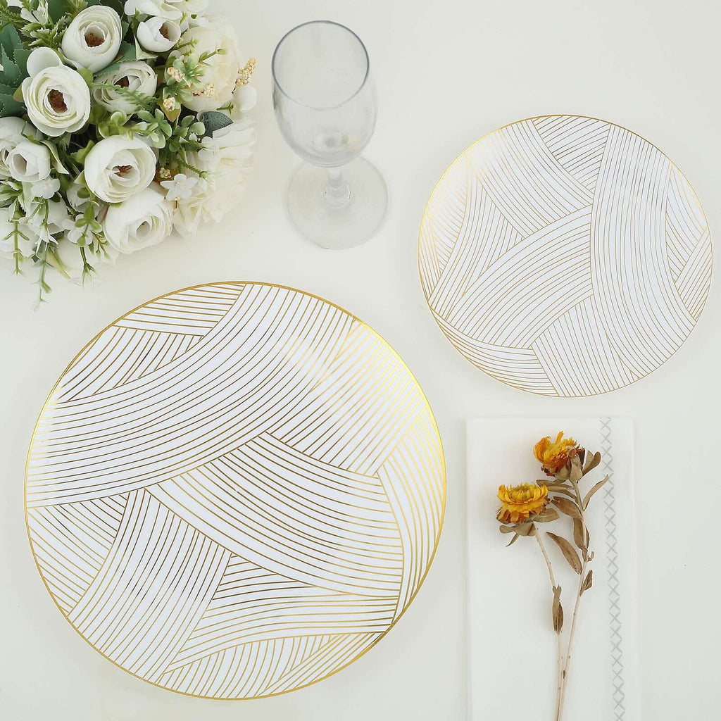 10-Pack Plastic 10" Round Dinner Plates in White with Gold Wave Brush Strokes Pattern - Disposable Party Plates for Modern & Classy Table Decor