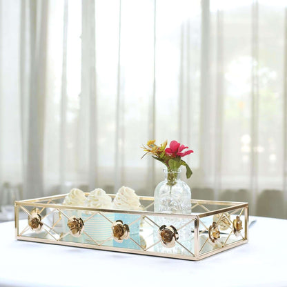 Set of 2 Metal Mirrored Rectangle Serving Trays in Gold with Rose Borders, Glamorous Decorative Vanity Tray Centerpiece 15"x8", 19"x12"
