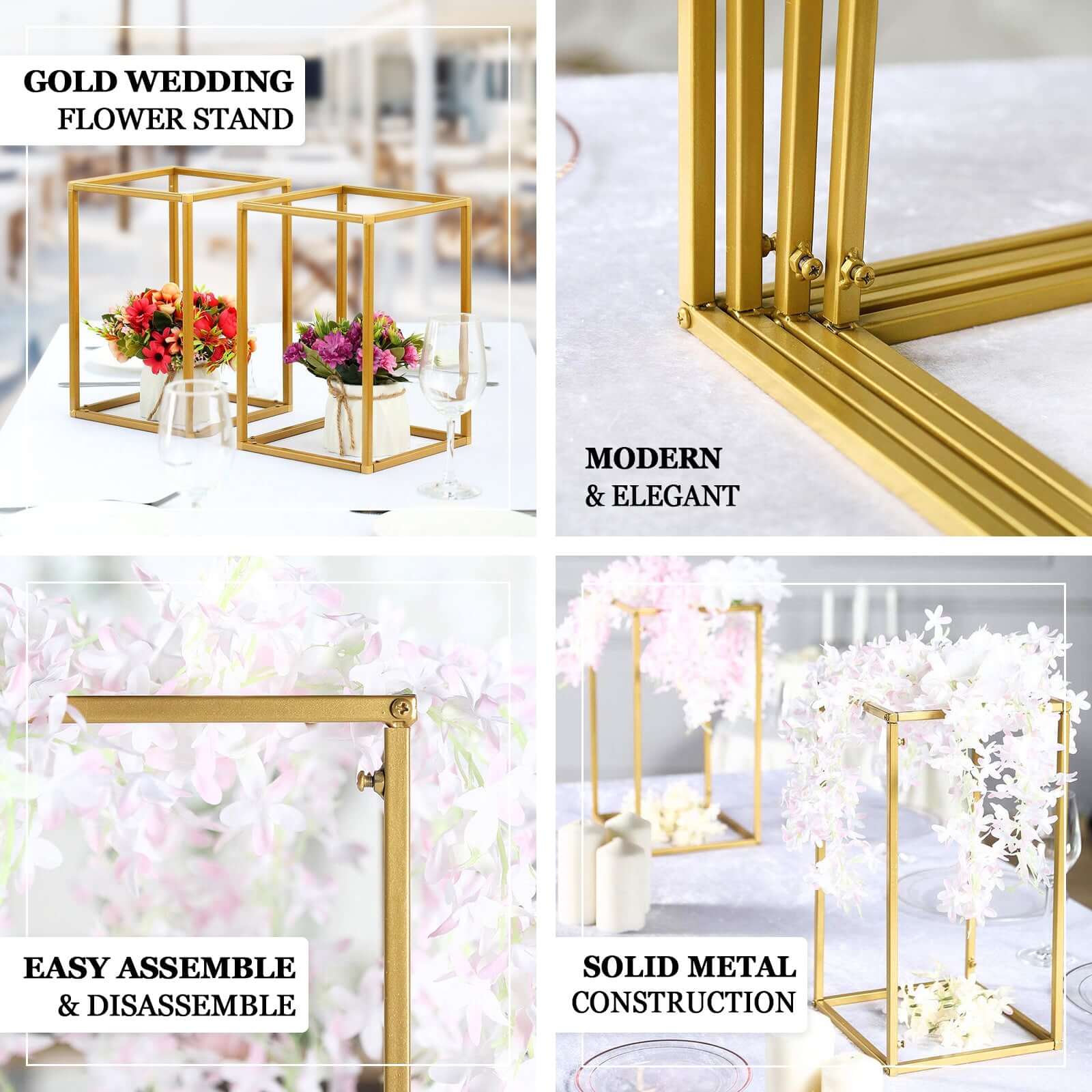 2-Pack Wedding Flower Stand Gold Metal Geometric Column Frame Rectangular - Versatile Floral Pedestal for Sophisticated Arrangements 24"