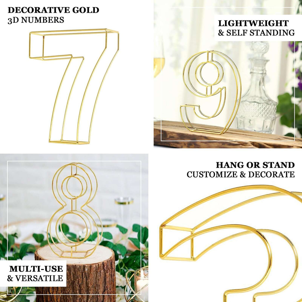 8" Tall Gold Freestanding 3D Decorative Metal Wire Numbers, Wedding Table Numbers -9