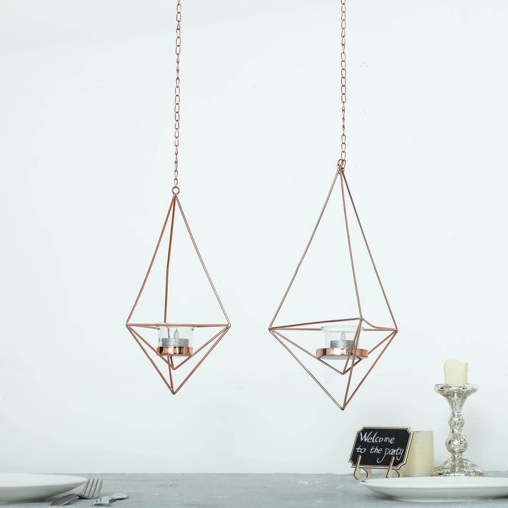 Set of 2 Hanging Tealight Candle Holders Rose Gold Metal Diamond Geometric Open Frame - Flower Terrariums 12", 15"