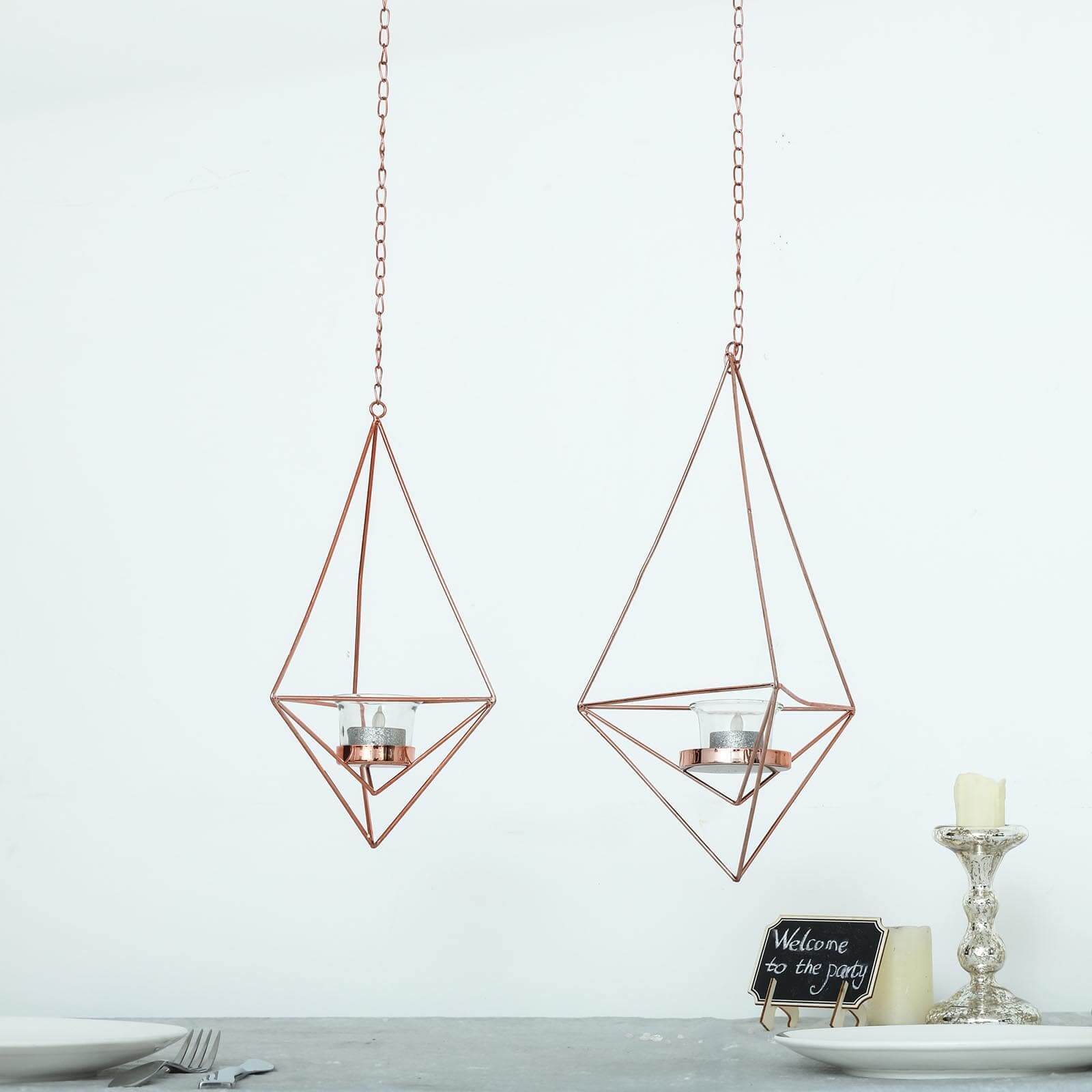 Set of 2 Hanging Tealight Candle Holders Rose Gold Metal Diamond Geometric Open Frame - Flower Terrariums 12", 15"