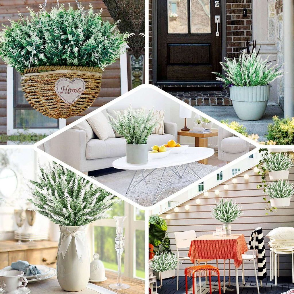 4 Bushes 14" Green White Artificial Lavender Flower Plant Stems Greenery