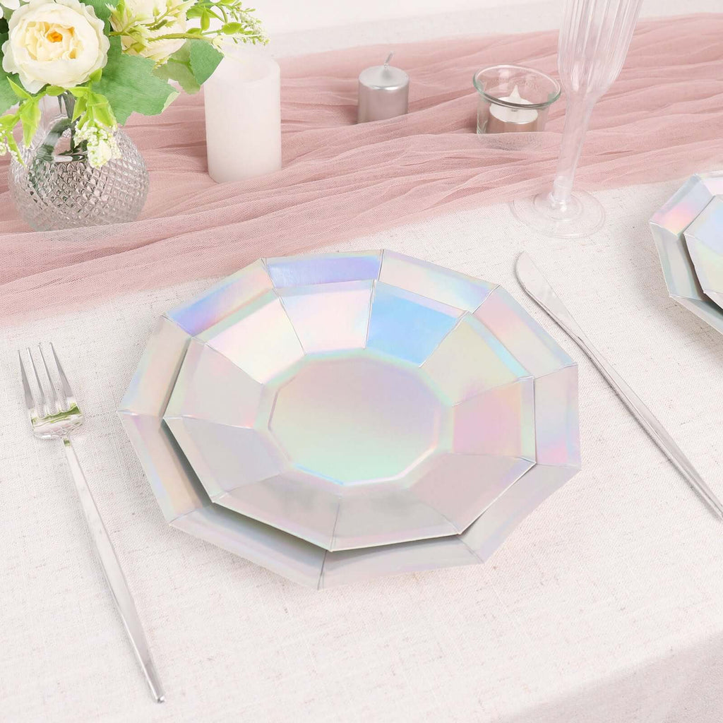 25-Pack Paper 7.5" Decagon Dessert Plates in Iridescent - Disposable Holographic Salad Plates for Starry Night & Fairytale Parties