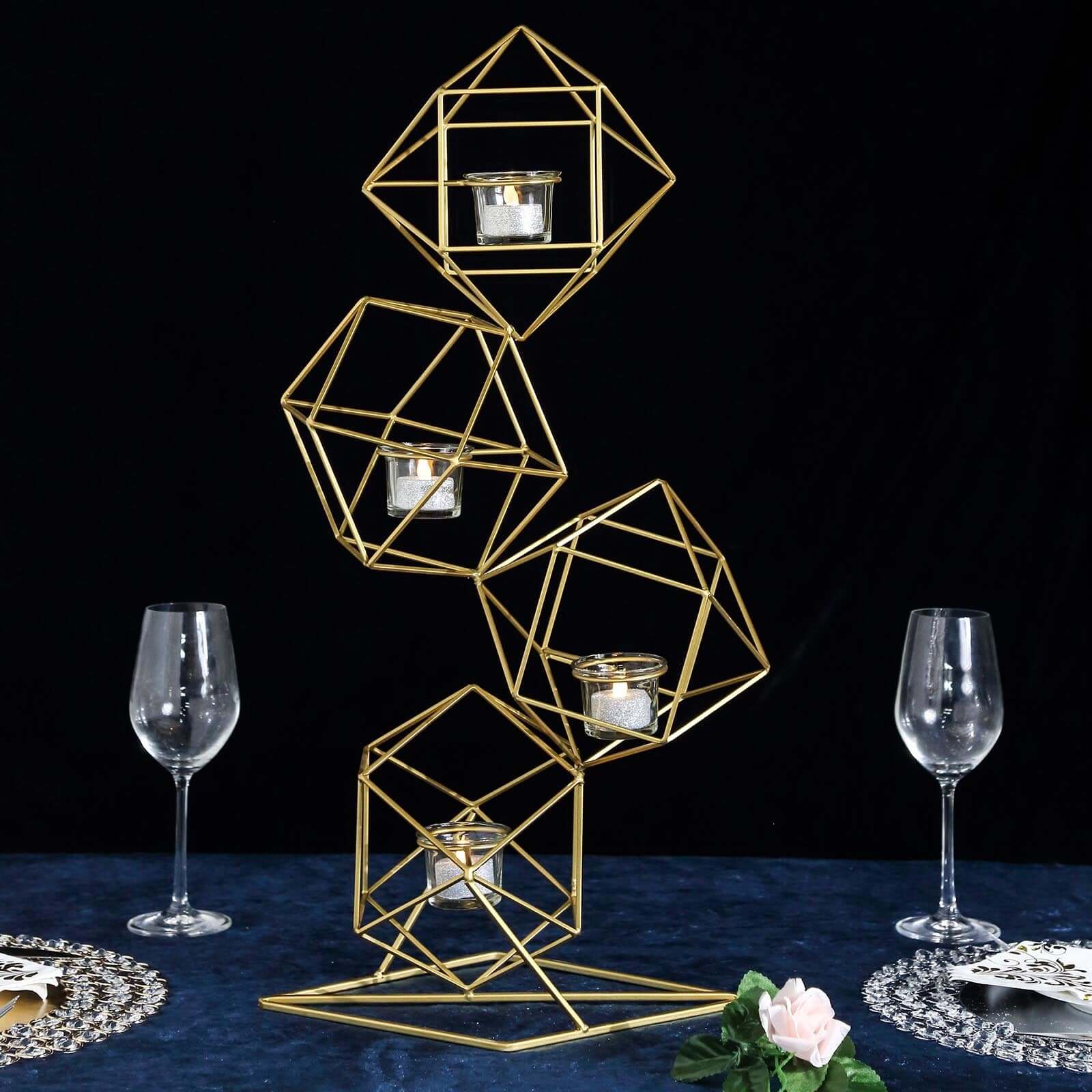 Tealight Candle Holder Metal Linked Geometric Design Gold with Votive Glass Holders - Sophisticated Decor for Tables & Gatherings 25"