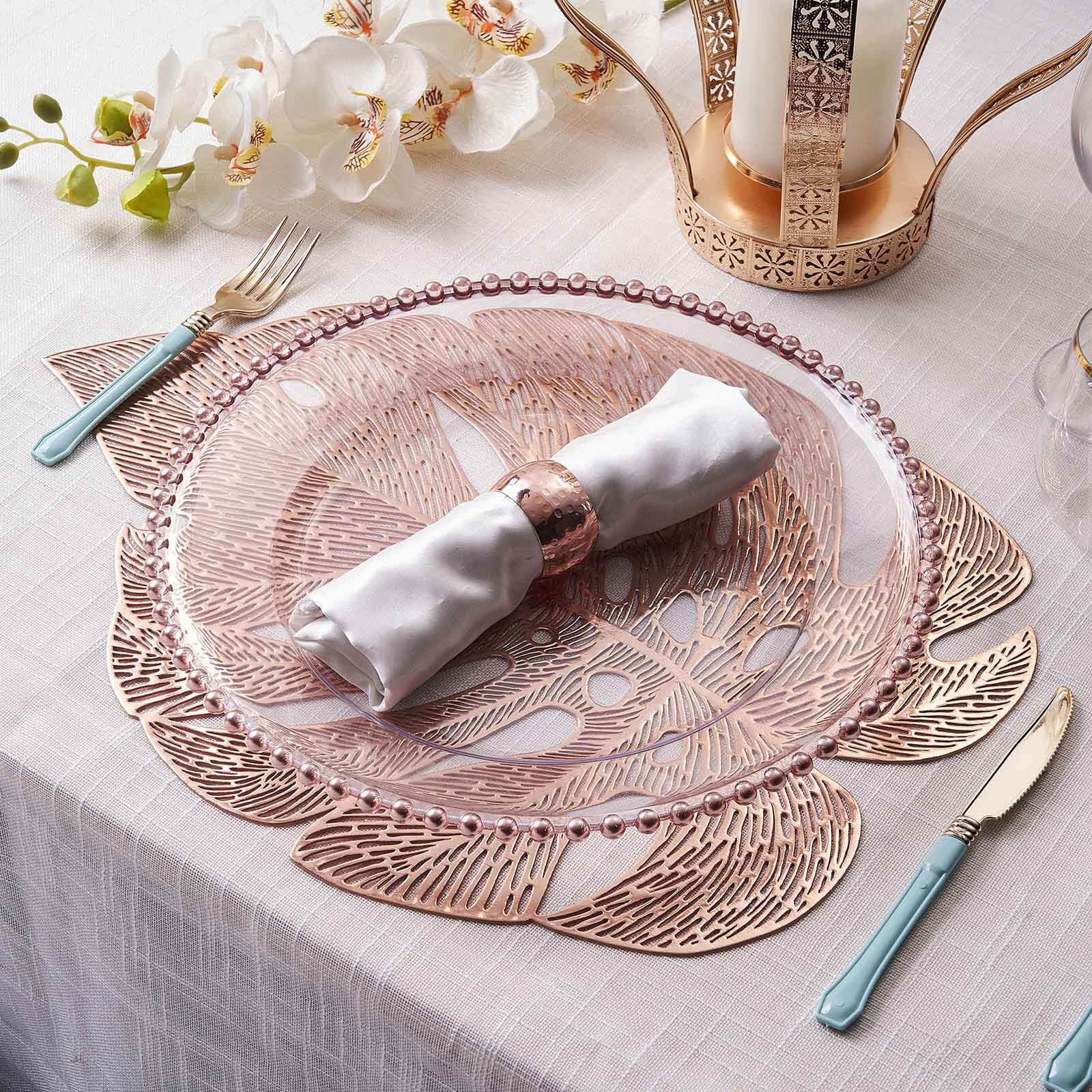 6-Pack Dining Table Mats Monstera Leaf Design Rose Gold - Vinyl Non-Slip Surface for Tropical Themes 18"