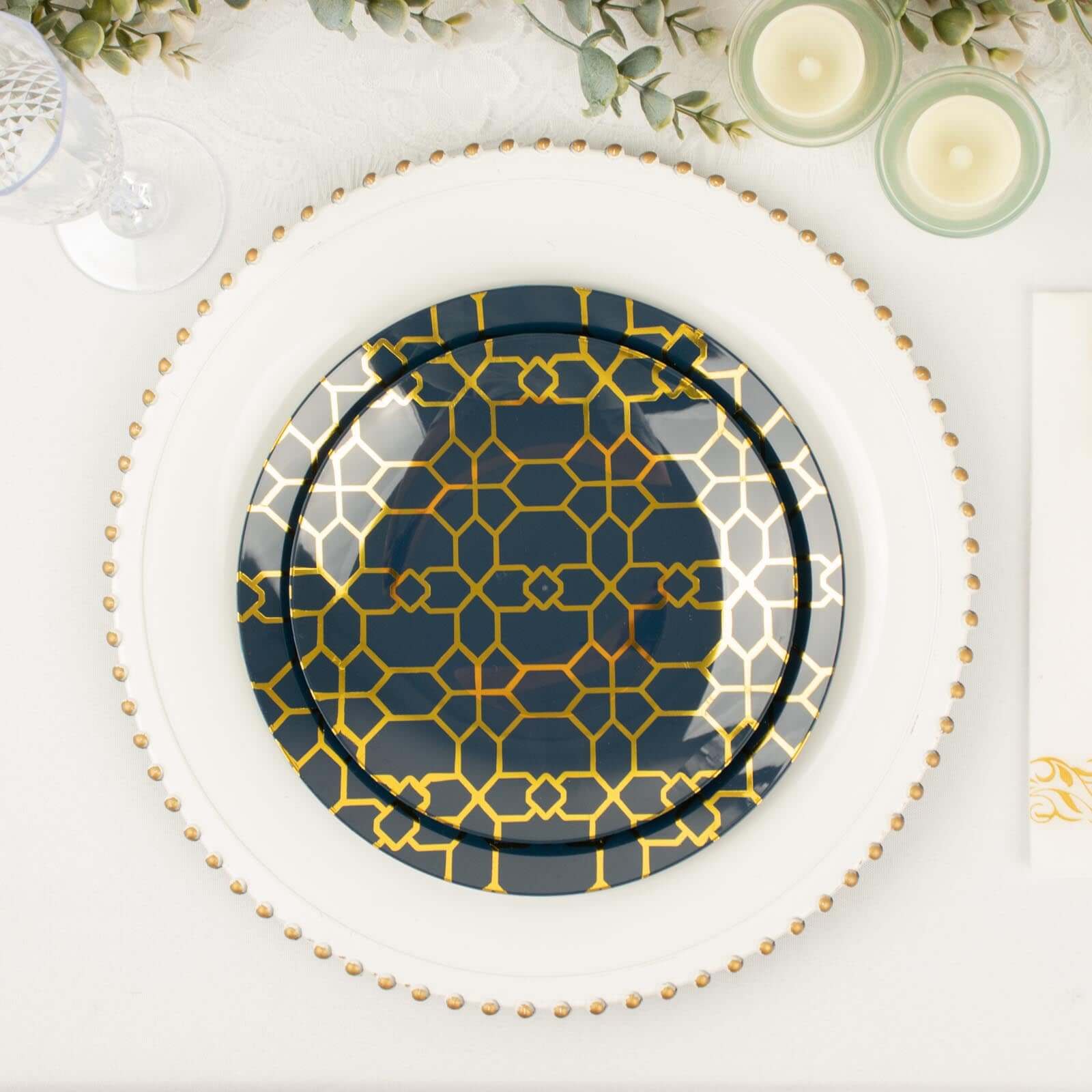 20-Pack Set Plastic Round Dinner and Salad Plates in Navy Blue with Geometric Gold Print - Modern Disposable Dinnerware Set for Weddings & Celebrations 9", 7"