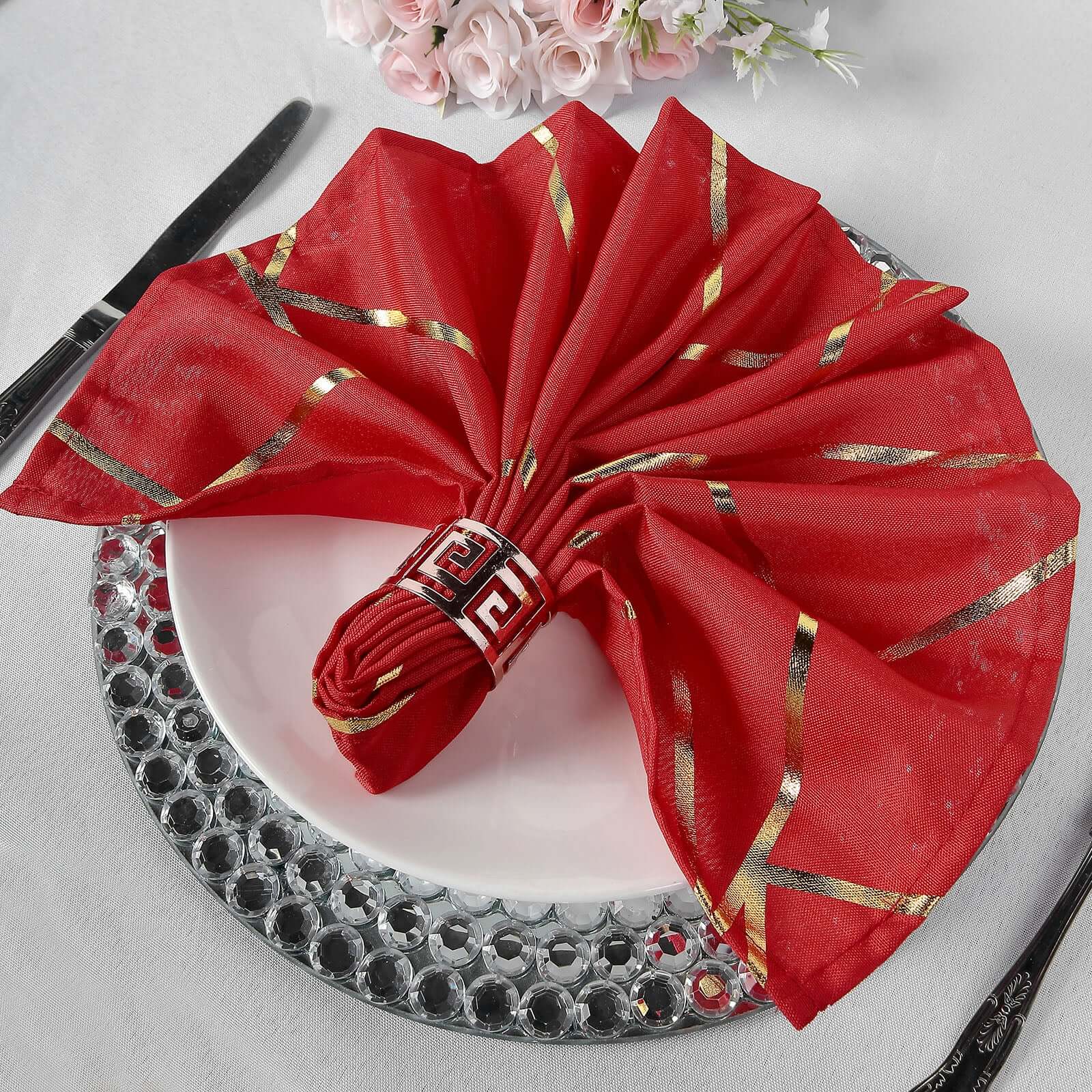 5 Pack Polyester 20"x20" Napkins Red with Gold Geometric Foil Pattern - Modern Reusable Dinner Napkins