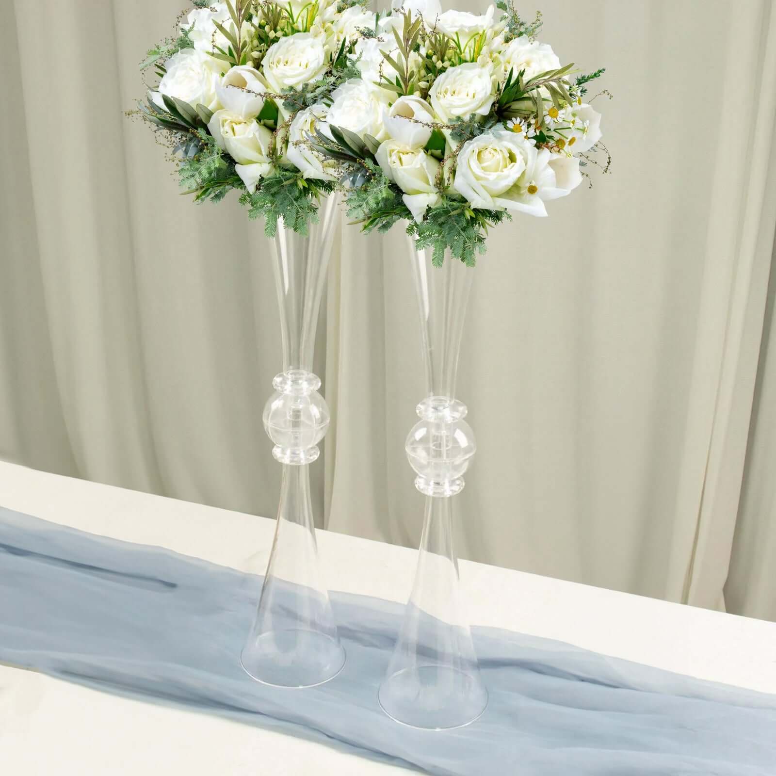 2-Pack Flower Vases Trumpet Design with Crystal Embellishments Clear - Reversible Plastic Centerpieces for Events 27"