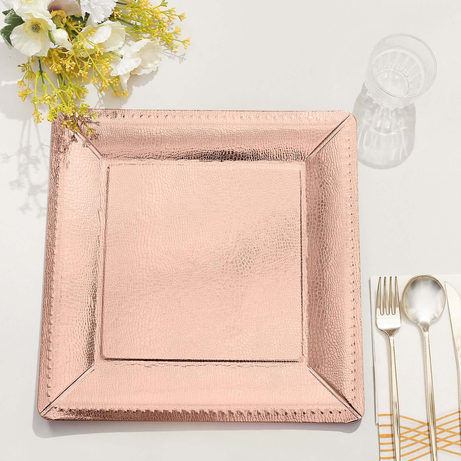 10-Pack Disposable Square Charger Plates in Rose Gold with Leather Like Texture - 1100GSM Durable Paper Chargers for Sophisticated Events 13"
