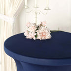 Spandex 30" Round Cocktail Table Cover Skirt Navy Blue With Natural Wavy Drapes