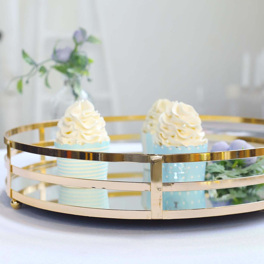 Set of 2 Metal Serving Trays 13", 9" Round Gold with Mirrored Top, Classy Decorative Vanity Tray Centerpiece