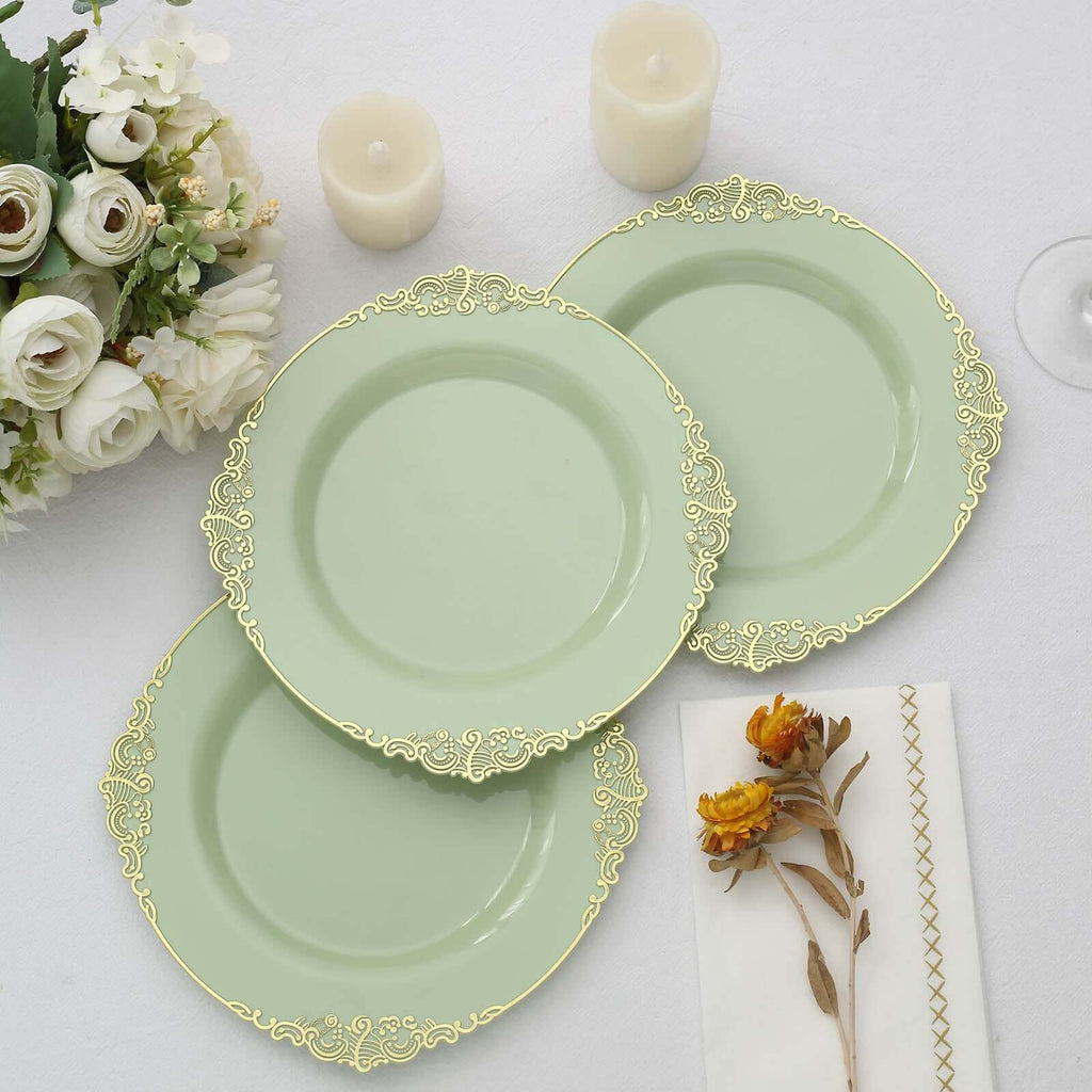 10-Pack Plastic 8" Round Dessert Plates in Sage Green with Gold Leaf Embossed Rim - Disposable Vintage Baroque Style Salad Plates