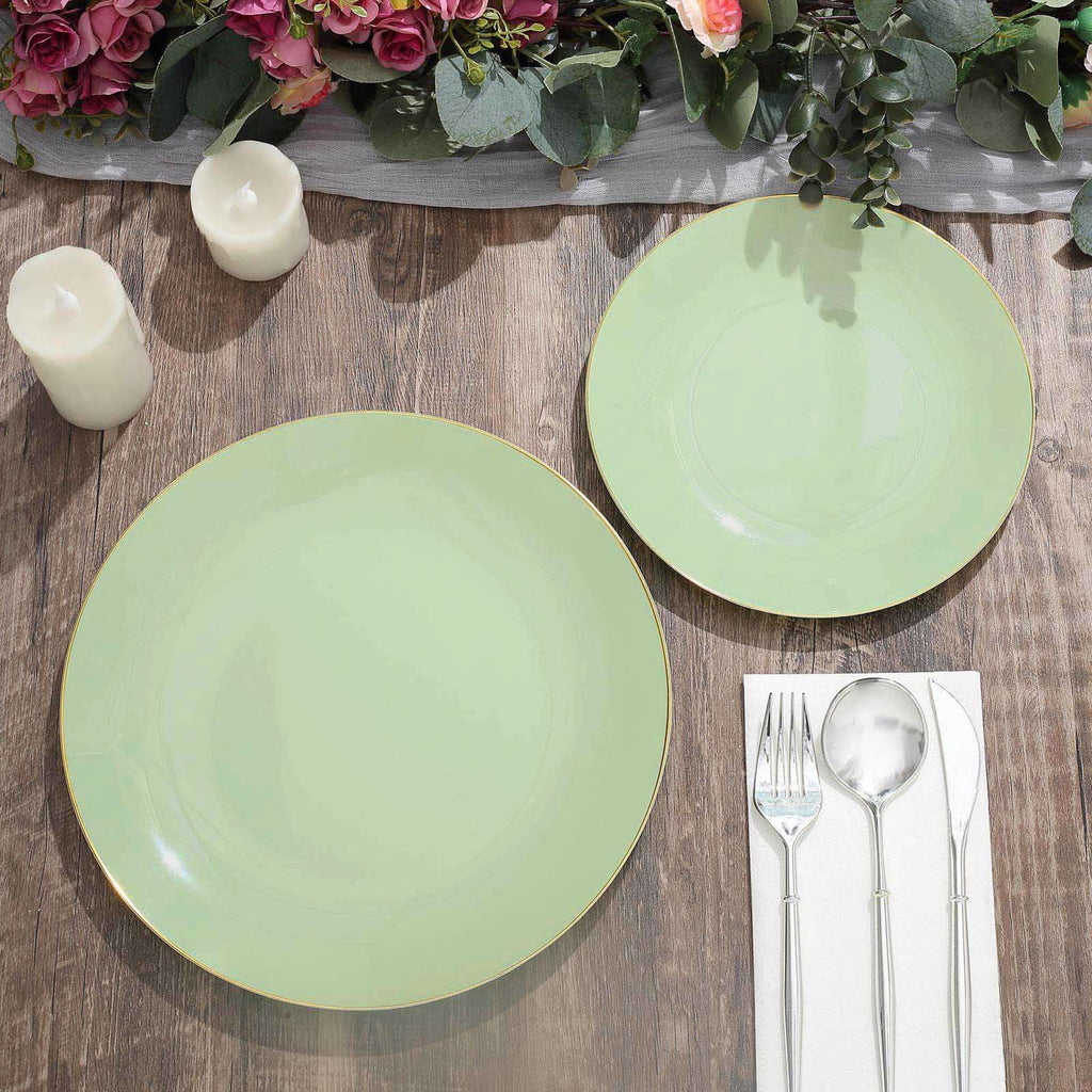 10-Pack Plastic 10" Round Dinner Plates in Sage Green with Gold Rim - Glossy Disposable Party Plates