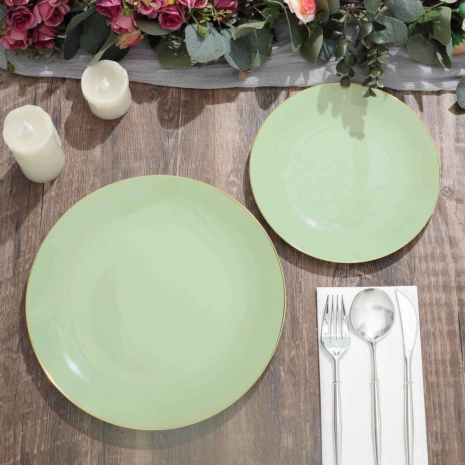 10-Pack Plastic 10" Round Dinner Plates in Sage Green with Gold Rim - Glossy Disposable Party Plates