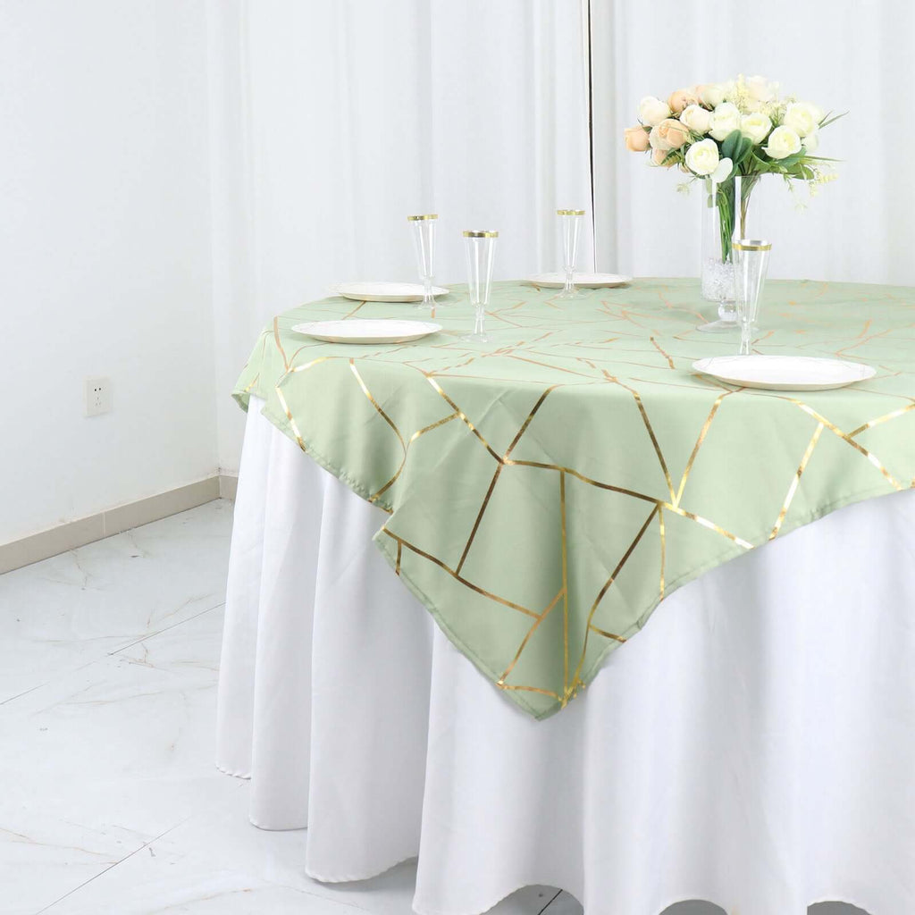 Polyester 54"x54" Table Overlay Square Tablecloth Sage Green with Gold Foil Geometric Pattern - Wrinkle-Resistant & Durable for Stylish Settings
