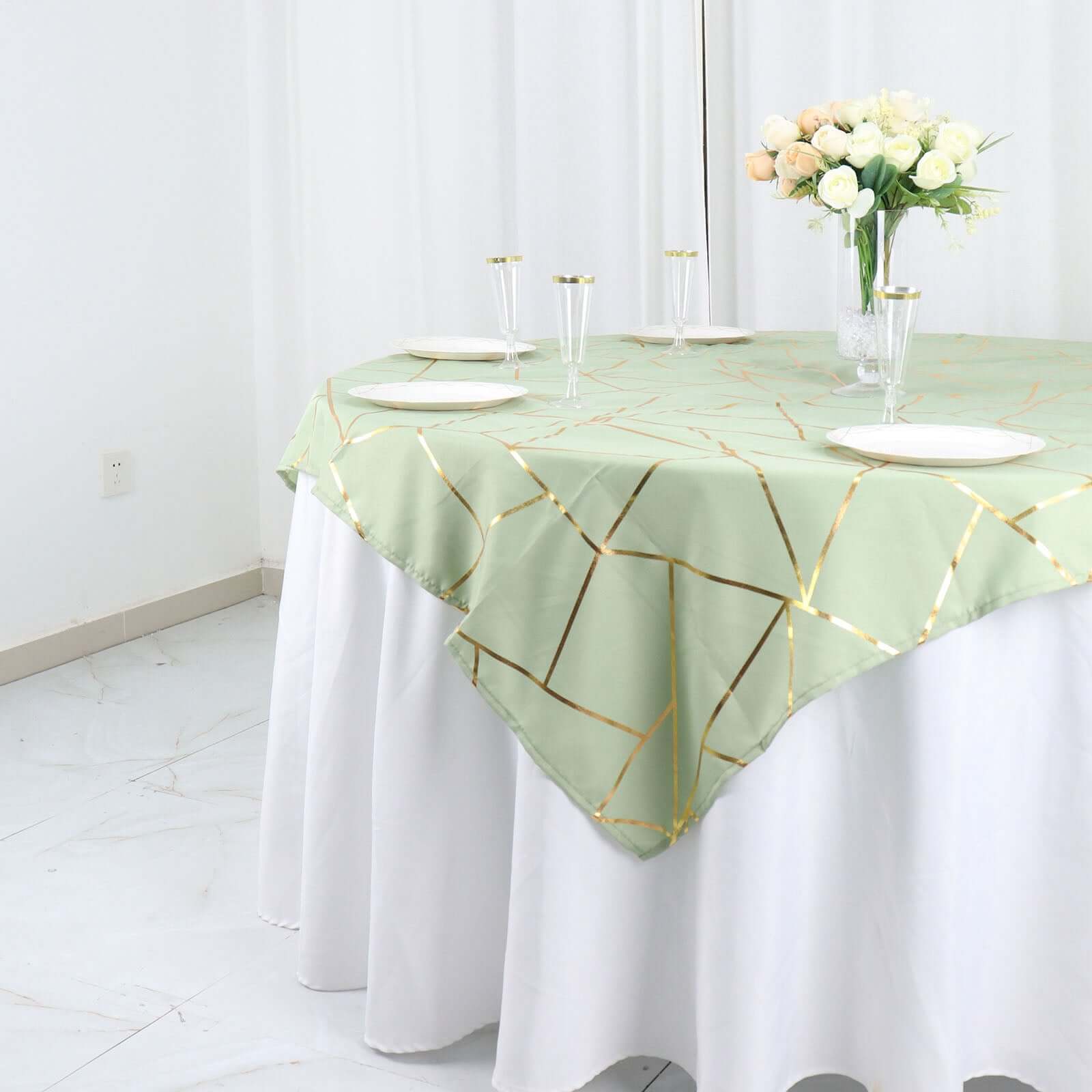 Polyester 54"x54" Table Overlay Square Tablecloth Sage Green with Gold Foil Geometric Pattern - Wrinkle-Resistant & Durable for Stylish Settings