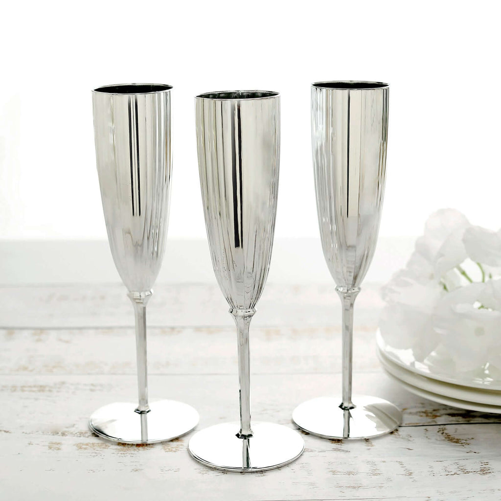 6-Pack Plastic Champagne Flutes in Silver - Classy Disposable Champagne Glasses for Toasting & Cocktail Parties 5oz