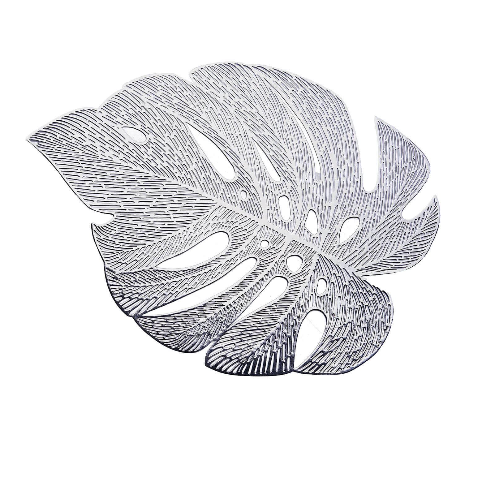 6-Pack Dining Table Mats Monstera Leaf Design Silver - Vinyl Non-Slip Surface for Tropical Themes 18"