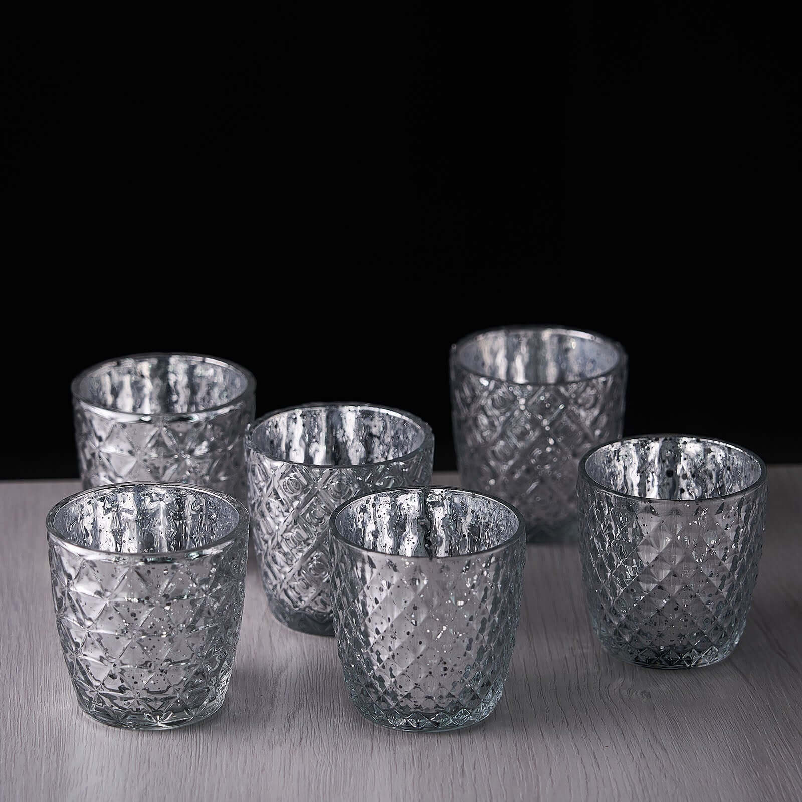 6-Pack Mercury Glass Votive Candle Holders Metallic Silver with Assorted Geometric Designs - Tealight Holders 3"