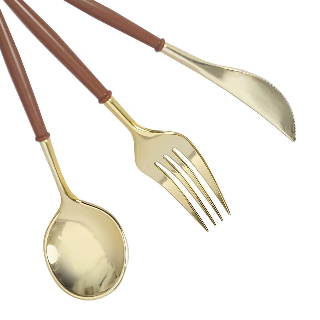 24-Pack Plastic Flatware Set in Metallic Gold with Brown Handle - Heavy Duty Disposable Modern Silverware 8"